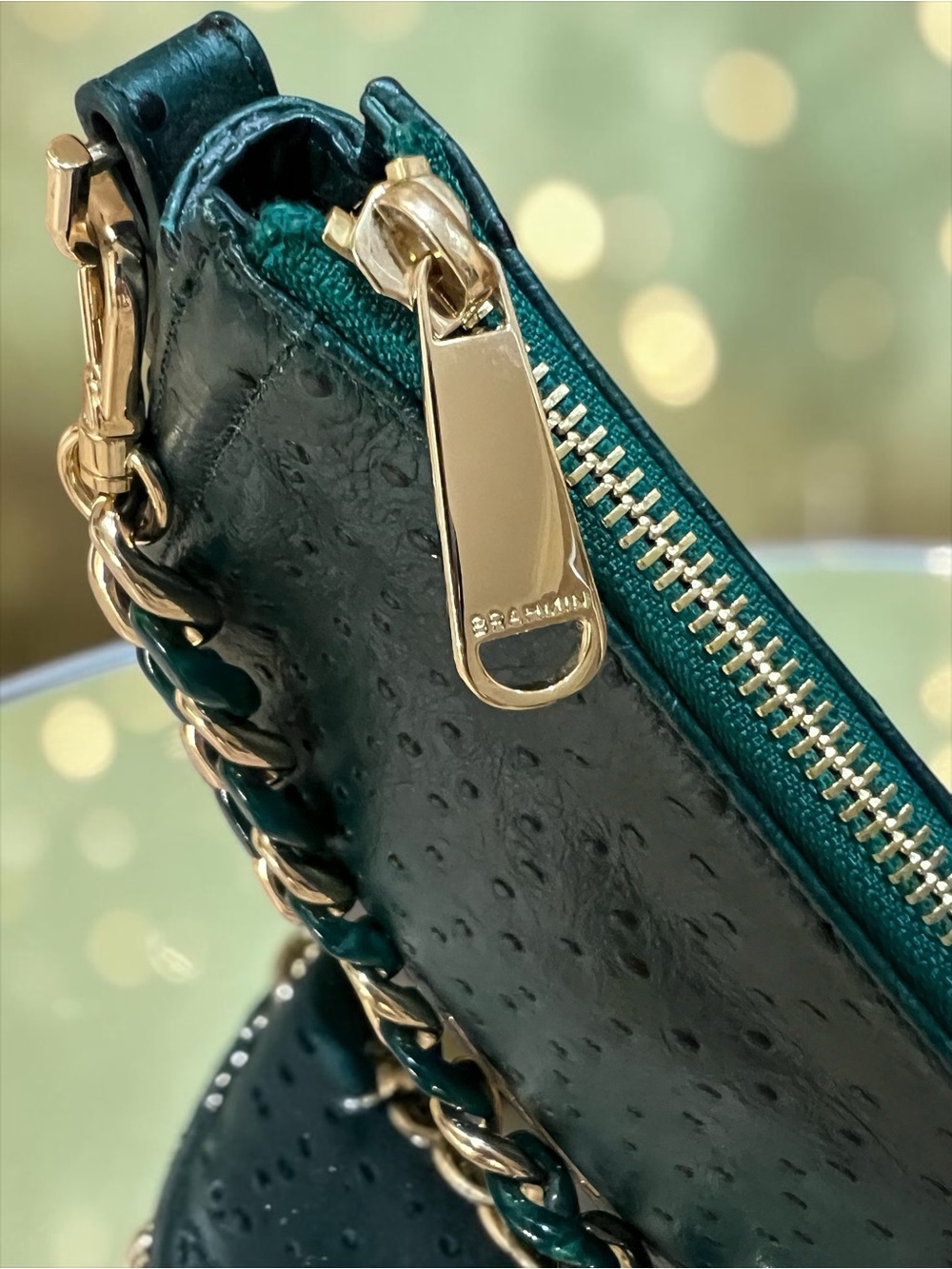 Brahmin Leather Ostrich Embossed MOD SHAYNA Crossbody Bag, Emerald Greenvale - Picture 7 of 8